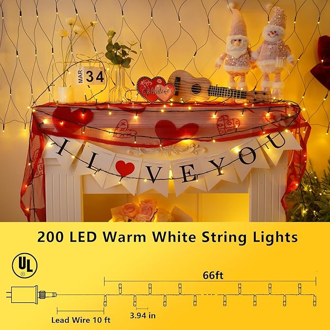 YEGUO 200 LED 66ft String Lights Outdoor Waterproof, Warm White Christmas Light Indoor, 8 Modes Green Wire Twinkle Xmas Tree Light Plug in with Memory Timer