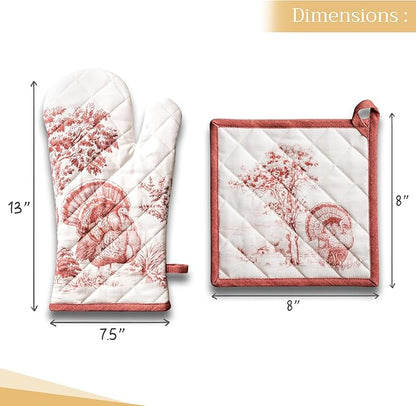 Maison d' Hermine 100% Cotton Oven Mitt & Pot Holder Set (7.5"x13" & 8"x8") Heat Resistant BBQ Cooking Gloves with Loop for Thanksgiving Christmas Decorations Handling Hot Pans (Holy Jouy - Red)