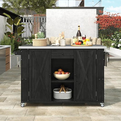 52.25" W x 28.75" D x 36.25" H Outdoor Kitchen Island Fir Wood Stainless Steel Black
