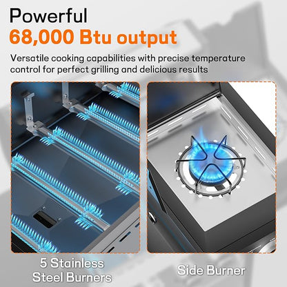 Veralune 5 Burner Gas Grill with Side Burner, Stainless Steel Propane Grill with Porcelain-Enameled Grills, Built-In Thermometer, 68000BTU BBQ Grill for Patio, Backyard, Garden Cooking