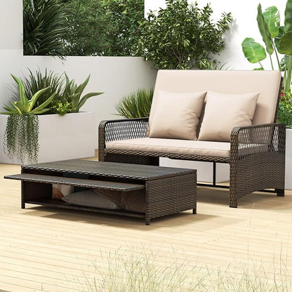 Tangkula Patio Rattan Daybed with 4-Level Adjustable Backrest, 2-Person Outdoor Wicker Loveseat with Storage Ottoman & Soft Cushions, Double Sunbed Lounger for Backyard, Porch, Poolside (Beige)