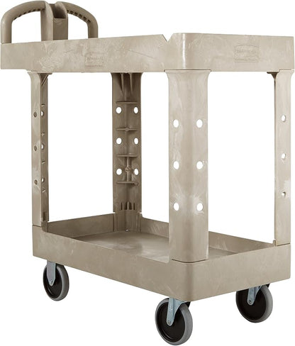 BRUTE Heavy Duty 2-Shelf Utility/Service Cart, Small, Lipped Shelves, Ergonomic Handle, 500 lbs. Capacity, Beige, for Warehouse/Garage/Cleaning/Maintenance