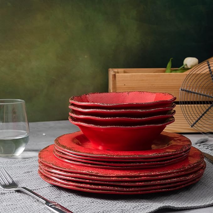 LEHAHA Farmhouse Plates and bowls set, 12 Piece Christmas Melamine Dinnerware Sets for 4,Lightweight and Unbreakable Dishes Set,Perfect for Indoor and Outdoor and Picnic use. Red