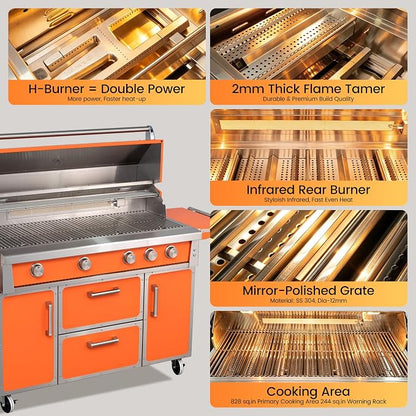 49" Orange Stainless Steel Grill, 4 Burners & Infrared Burner, Natural Gas | 99,000 BTU dual-lined hood easy ignition warming rack versatile cooking space storage drawers gliding wheels