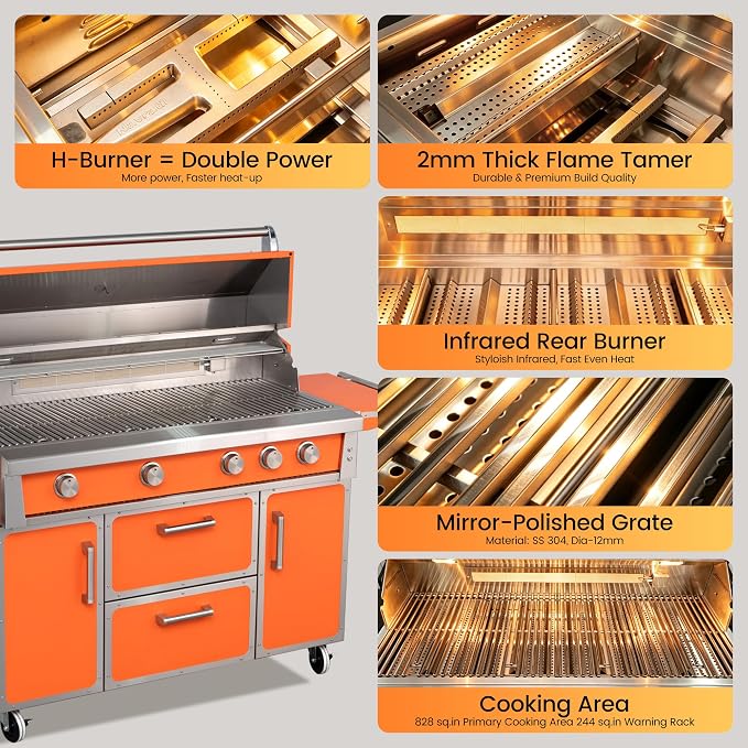 49" Stainless Steel Propane Gas Grill, 4 Burners & Infrared Burner, Orange | 304 Stainless Steel Grill 99,000 BTU Garden & Outdoor Cooking Professional-grade performance Easy ignition Warming rack