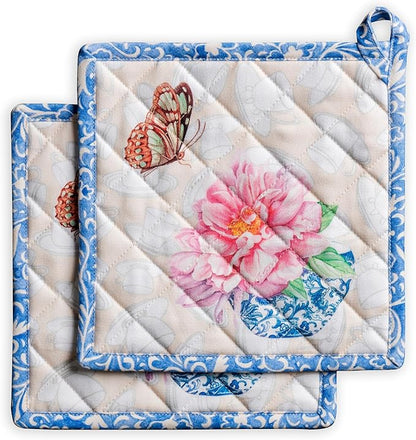 Maison d' Hermine Pot Holders 100% Cotton Heat Resistant Potholders 8" x 8" Hot Pads with Loop BBQ Cooking Baking Hotel Farmhouse Kitchen Handling Hot Pans Spring Summer (Pack of 2, Canton)
