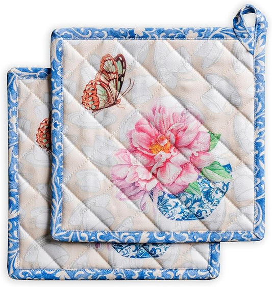 Maison d' Hermine Pot Holders 100% Cotton Heat Resistant Potholders 8" x 8" Hot Pads with Loop BBQ Cooking Baking Hotel Farmhouse Kitchen Handling Hot Pans Spring Summer (Pack of 2, Canton)