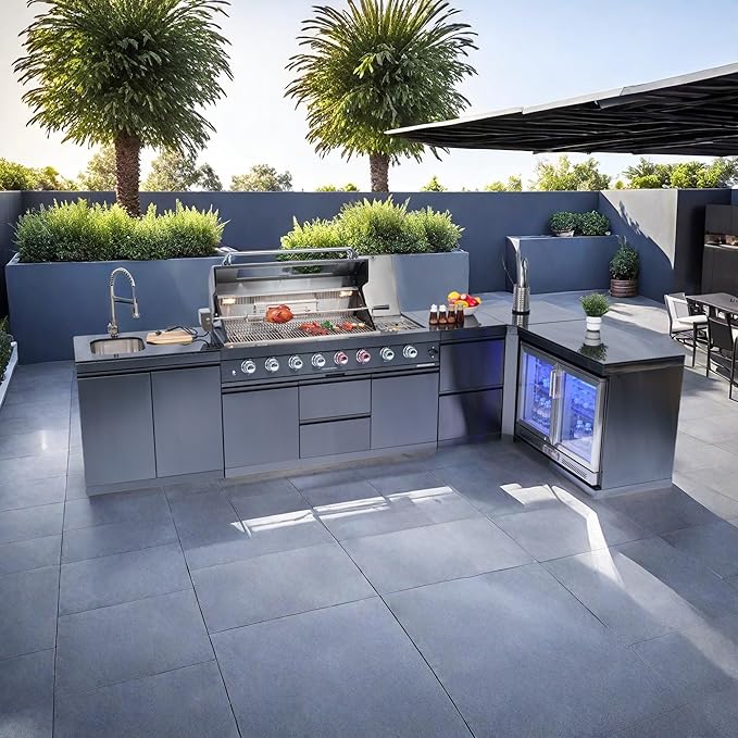 157" 6-Burner 96000 BTU Propane Gas Outdoor Kitchen Island - Stainless Steel Grill with Wine Cooler, Rotisserie, Granite Countertops, Storage Cabinets & Drawers,Black