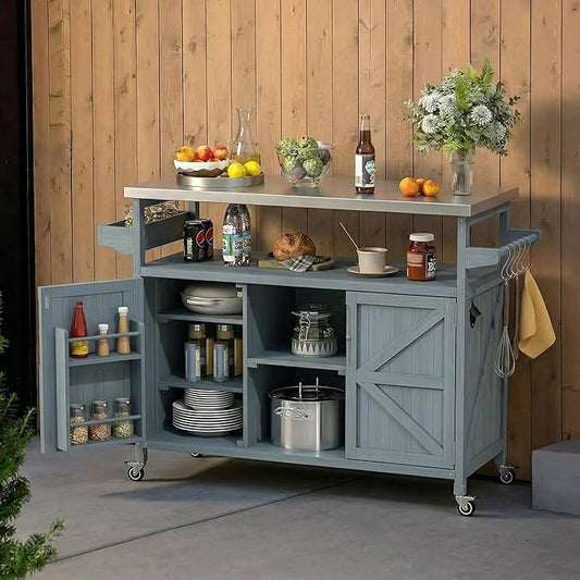 LUMISOL Outdoor Grill Cart with Stainless Steel Top, Farmhouse Solid Wood Kitchen Island with Storage Rack, Outdoor Rolling Bar Cart & Storage Cabinet with Spice & Towel Rack, Grey Blue