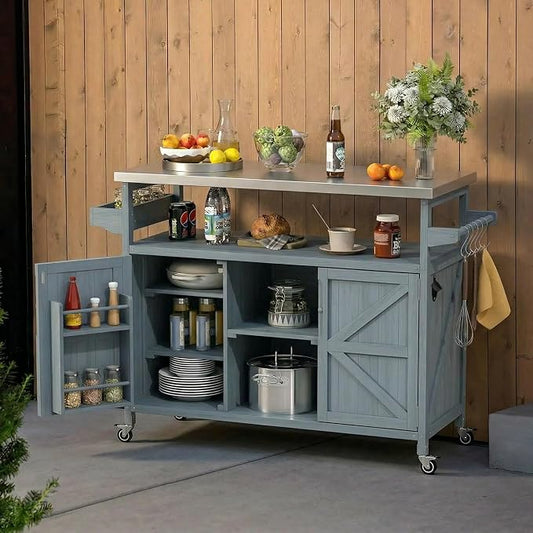 Outdoor Kitchen Island, Rolling Bar Cart & Storage Cabinet, Farmhouse Solid Wood Outdoor Grill Table with Stainless Steel Top, Spice Rack, Towel Rack for Kitchen & Barbecue, Grey Blue