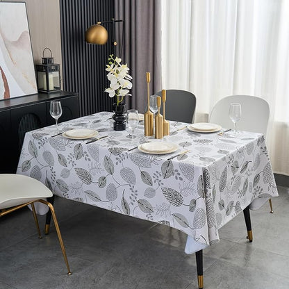 LIBERECOO Monochrome Leaf Whisper Vinyl Tablecloth with Flannel Backing – Elegant Black & White Leaf Design – Waterproof, Durable, Lightweight