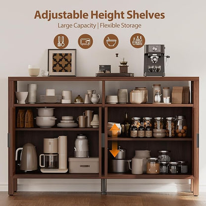 Rattan Buffet Cabinet with Storage, Sideboard with Doors, Console Table, Farmhouse Coffee Bar, Modern Wood Storage Cabinets(Walnut 2.0)