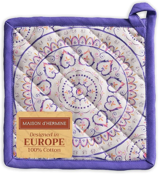 Maison d' Hermine Pot Holders 100% Cotton Heat Resistant Potholders 8" x 8" Hot Pads with Loop BBQ Cooking Baking Hotel Farmhouse Kitchen Handling Hot Pans Spring Summer (Pack of 1, Mandala)
