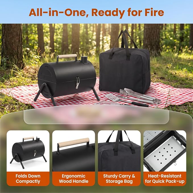 Charcoal Grills, Portable Charcoal Grills with Carry Bag & Double-Sided Design, Barbecue Grill for Outdoor Backyard