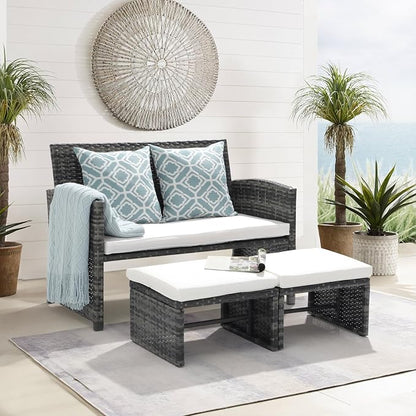 OC Orange-Casual Patio Furniture Set,3 Pieces Outdoor Wicker Conversation Loveseat with Ottomans for Porch, Gray Rattan White Cushions