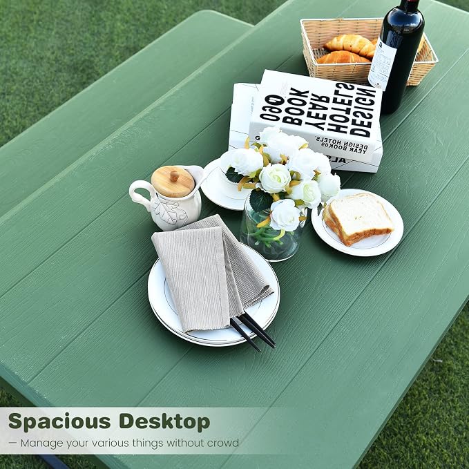 Picnic Table, Outdoor Dining Table with 2 Benches, Wood Grain Tabletop, Heavy Duty Metal Frame, Portable Picnic Table for Outdoors Backyard Garden Lawn Patio Poolside Deck (Green)