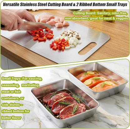 7-IN-1 Grill Prep & Carry System - Large Stainless Steel Prep Tray with Lid | Grill Accessories with 2 Marinating Containers, Cutting Board & Rack, Dishwasher-Safe Grilling Prep & Serve Set for BBQ Gifts