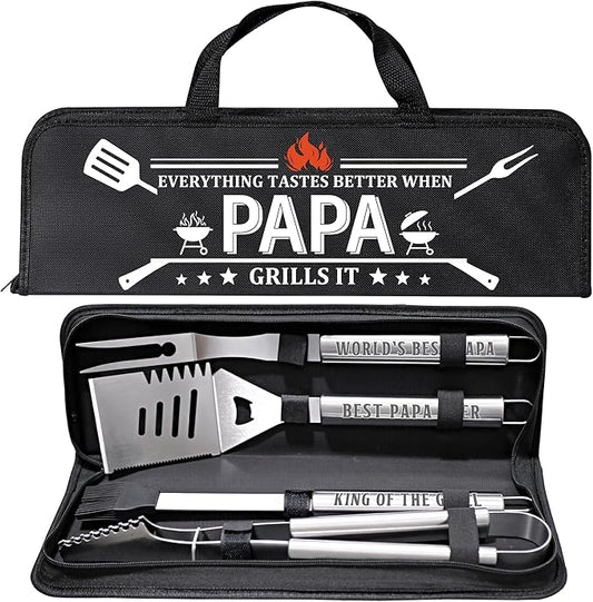 Papa Gifts from Grandkids, Gifts for Papa Christmas, Grilling Accessories, Heavy Duty Stainless Steel Grill Set BBQ Grill Tools for Outdoor Grill with Aluminum Case, Camping Grill Utensils Set