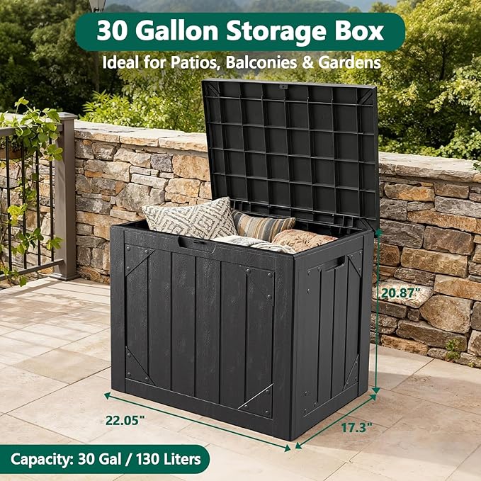 30 Gallon Outdoor Storage Box, Lockable Resin Deck Box for Patio Cushions, Throw Pillows, Garden Tools, Weatherproof Outdoor Storage Bench for Yard, Porch, or Balcony
