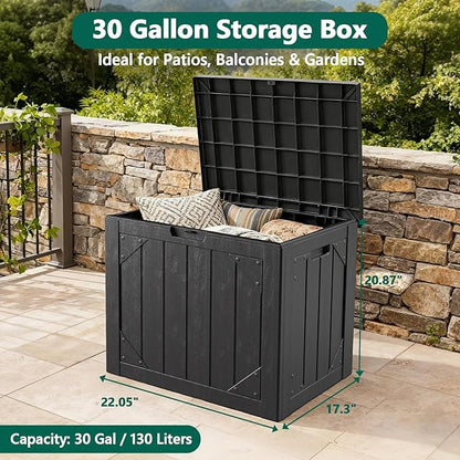 30 Gallon Outdoor Storage Box, Lockable Resin Deck Box for Patio Cushions, Throw Pillows, Garden Tools, Weatherproof Outdoor Storage Bench for Yard, Porch, or Balcony