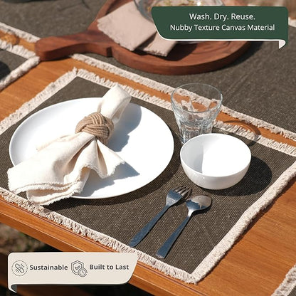 Hausattire Cotton Frayed Placemats Set of 6 Dining Table 14x14 Inch | Rustic Vintage Boho Washable Easter Placemat for Outdoor Parties BBQ's Wedding, Holiday, Special Occasions, Nubby Cotton - Brown