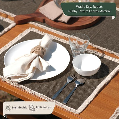 Hausattire Cotton Frayed Placemats Set of 6 Dining Table 13x19 Inch | Rustic Vintage Boho Washable Easter Placemat for Outdoor Parties BBQ's Wedding, Holiday,Nubby Cotton - Brown
