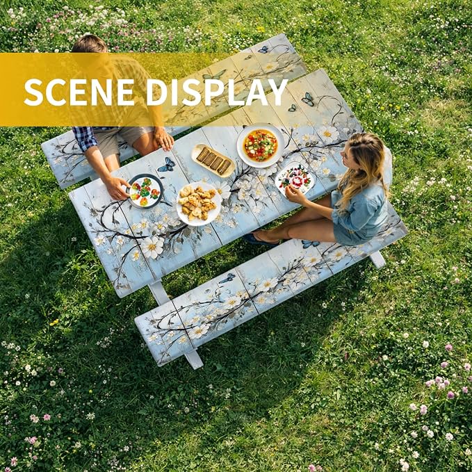 Picnic Table Cover with Bench Covers, 72 X 30 Inch Elastic Fitted Camping Tablecloth with Strap Design for 6FT Rectangle Tables, Windproof Outdoor Tablecloth Set with Storage Bag