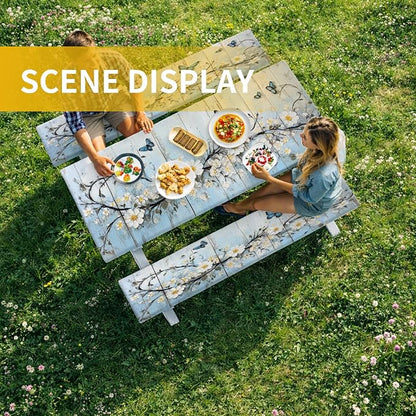 Picnic Table Cover with Bench Covers, 72 X 30 Inch Elastic Fitted Camping Tablecloth with Strap Design for 6FT Rectangle Tables, Windproof Outdoor Tablecloth Set with Storage Bag