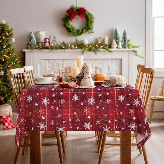 DWCN Christmas Checkered Tablecloth - Red Buffalo Plaid Snowflake Rectangle Table Cloths, Winter Farmhouse Table Decorations for Christmas Dinners, Holiday, Party, 60 x 120 Inch