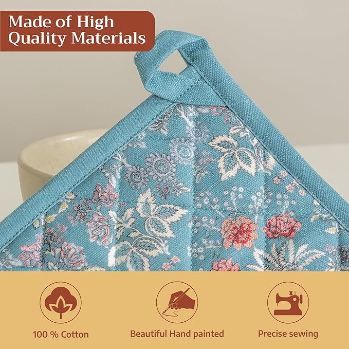 Maison d' Hermine Pot Holders 100% Cotton Heat Resistant Potholders 8" x 8" Hot Pads with Loop BBQ Cooking Baking Hotel Farmhouse Kitchen Handling Hot Pans Spring Summer (Pack of 2, Marquise)