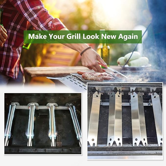 Criditpid Grill Replacement Parts for Brinkmann 810-2410-S 810-2411-S, Cast Iron Cooking Grate, Stainless Steel Burner Tubes, Heat Plate Shields & Crossover Tubes for Brinkmann 4 Burner Gas Grill.