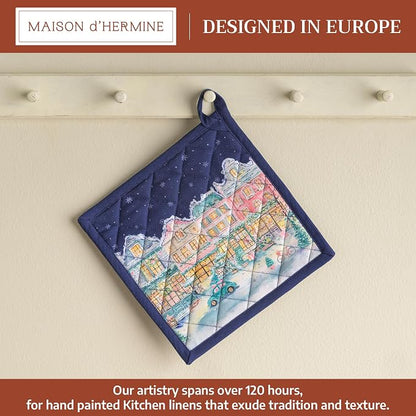Maison d' Hermine Pot Holders 100% Cotton Potholders (8" x 8", Pack of 1) | Heat Resistant Hot Pads with Loop BBQ Cooking Kitchen Handling Hot Pans Thanksgiving Christmas - Christmas Market - Blue