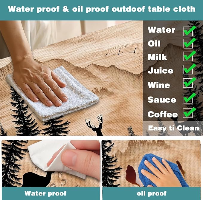 Picnic Table Cover with Bench Covers Camping Essentials Rustic Hunting Deer Forest Waterproof Windproof Camping Tablecloth Fitted Tablecloth Cover with Elastic Edge for Indoor Outdoor 3 PCS 30x96 Inch