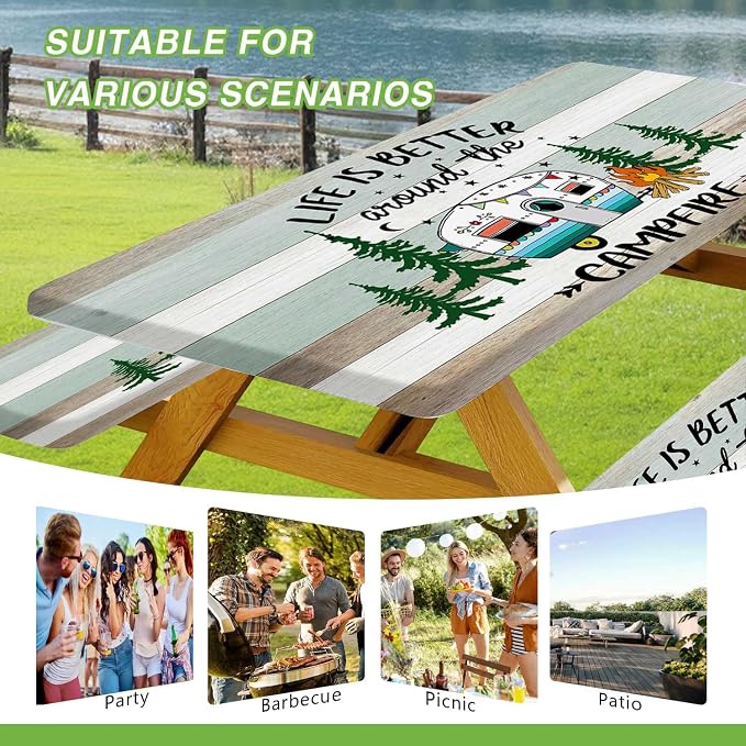 JAWO Picnic Table Cover with Benches, Waterproof Camping Camper Campfire Rustic Wood Fitted Tablecloth for Outdoor Foldable Picnic Table Includes Drawstring Storage Bag 30X72inch