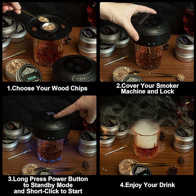 Electric Whiskey Smoker Kit - Rechargeable Cocktail Smoker with Built-in Lighter & Drink Smoker Kit 6 Wood Chips | Old Fashioned Smoker Kit Ideal Gift for Men, Dad, Husband