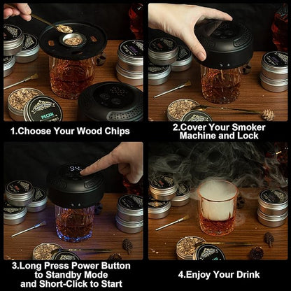 Electric Whiskey Smoker Kit - Rechargeable Cocktail Smoker with Built-in Lighter & Drink Smoker Kit 6 Wood Chips | Old Fashioned Smoker Kit Ideal Gift for Men, Dad, Husband