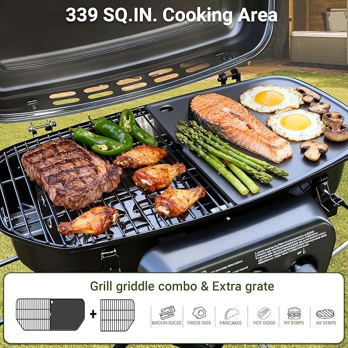 Brand-Man Portable Propane Gas Grill with Folding Cart and Push-Button Ignition, Standup Design for Camping, Tailgating, Backyard BBQ, Patio, Outdoor Cooking (Black)