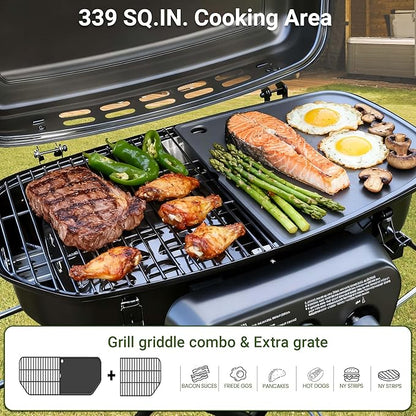 Brand-Man Portable Propane Gas Grill with Folding Cart and Push-Button Ignition, Standup Design for Camping, Tailgating, Backyard BBQ, Patio, Outdoor Cooking (Black)