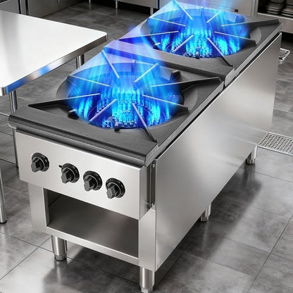 Stainless Steel Stoves,Propane Cooktop with 2 Burners – 180,000 BTU Total Power,Includes Natural Gas Conversion Kit.Commercial Gas Stove with Cabinet for Restaurant and Cafeteria Use.