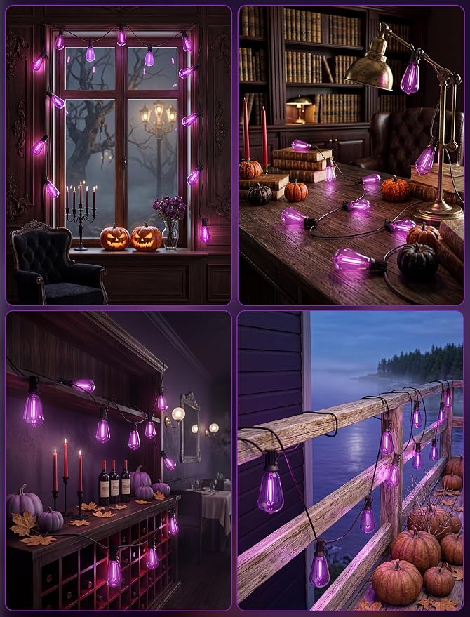 25FT Halloween Purple ST38 LED Outdoor String Lights with 25 Orange Edison Bulbs, Connectable Waterproof Hanging Patio Lights for Halloween, Thanksgiving, Backyard, Porch, Party Decor