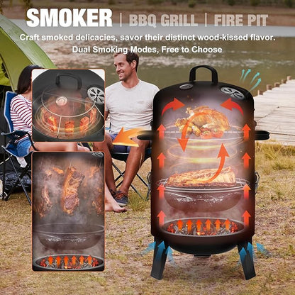 16" Charcoal Smoker, 3 in 1 Heavy Duty Vertical Barbecue Grill, Outdoor Fire Pit 402 Square Inches Cooking Area, Versatile Outdoor Smoker Grill, Black