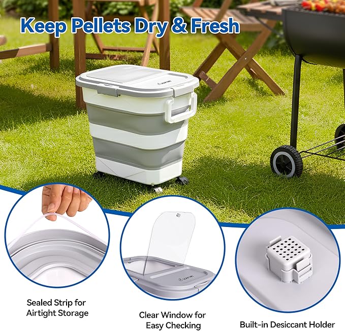 Wood Pellet Storage Container 30-40LB, Airtight Bin with Locking Lid & Clear Window, Collapsible Pellet Bucket with Wheels, Scoop & Labels, Light Gray