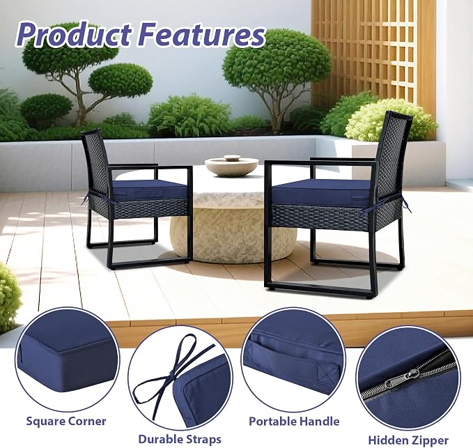 IPYNBAP Outdoor Chair Cushions Set of 4 -Waterproof Outdoor Seat Cushions for Patio Furniture, Patio Chair Cushion with Handle and Ties, Out Door Chair Pads,17x16x2-Square, Navy Blue