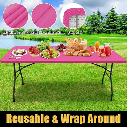 Smiry Rectangle Picnic Table Cloth, Waterproof Elastic Fitted Tablecloths for 6 Foot Tables, Washable Polyester Table Cover for Camping, Indoor and Outdoor (Rose Pink, 30"x72")