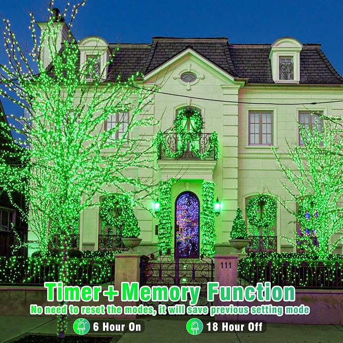 Vivideal 100 LED 33ft String Lights Indoor, St Patricks Day Lights 8 Modes Clear Wire Waterproof Plug in Green Christmas Lights for Holiday Party Xmas Tree Decorations