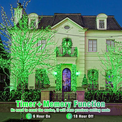 Vivideal 100 LED 33ft String Lights Indoor, St Patricks Day Lights 8 Modes Clear Wire Waterproof Plug in Green Christmas Lights for Holiday Party Xmas Tree Decorations