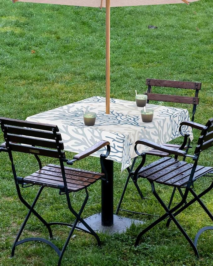 Blue Grey Coral Coastal Outdoor Tablecloth - 60x60 Inch Square Waterproof Dining Table Cover, Summer Beach Seaside Nautical Outdoor Table Cloth with Umbrella Hole & Zipper for Picnic/Patio