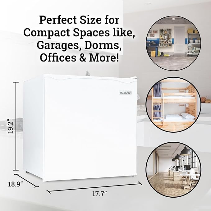 Igloo 1.6 Cu.Ft Mini Fridge with Freezer- Single Door Compact Refrigerator with Glass Shelves for Homes, Dorms & Offices- Keep Snacks, Drinks & Frozen Foods Cool with Temperature Control Fridge- White
