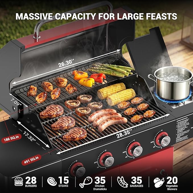 HUGROVE 4-Burner Liquid Propane Gas Grill with Clear-View Window, 56,000 BTU Outdoor BBQ Grilling Station with Side Burner, 677 sq.in Grill with Cast Iron Grates for Backyard Party (Black Red)