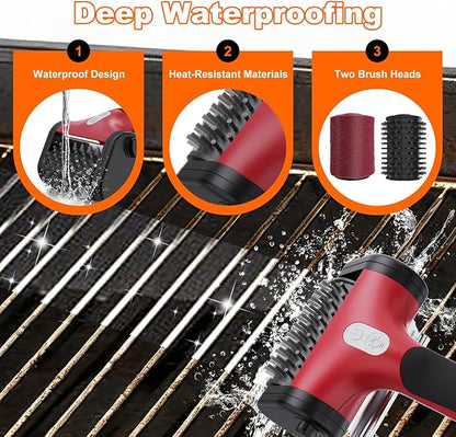 Electric Grill Brush for Outdoor Grill,2600mAh Rechargeable Electric Grill Cleaner with 2-Speed(Max 1000RPM)，2 Replacement Heads and LED Light for Outdoor/Camping BBQ Grates Cleaning Tool (Red)